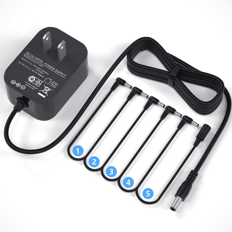 WUKUR Replacement for 9V Guitar Pedal Power Supply 9 Volt Power Supply for Guitar Pedalsï¼Œ1A Tip Negative with 5 Way Daisy Chain Power Cable - Image 1